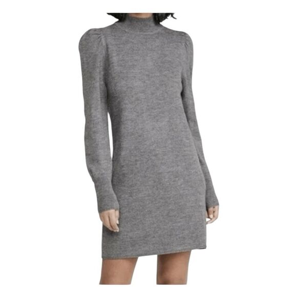 WAYF Lola Puff Sleeve Sweater Dress Gray Knit Mini Mock Neck Pull-Over S - Picture 3 of 12